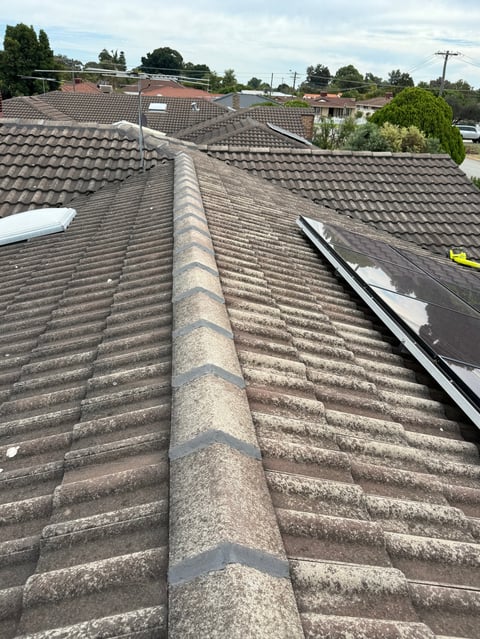 Asbestos tile roof with central ridge and surrounding residential rooftops visible in suburban neighborhood